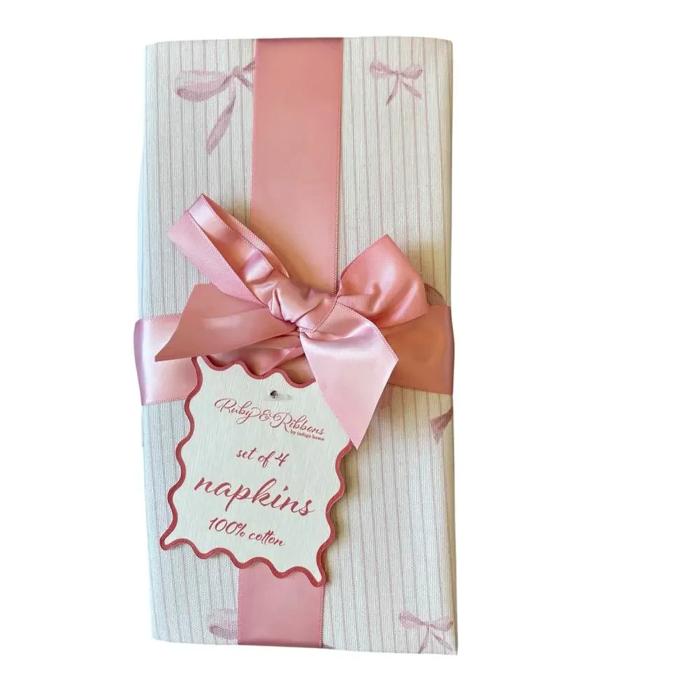 INDIGO Pink Bow Pinstripe Cotton Dinner Napkins 18x18 Set of 4 NEW